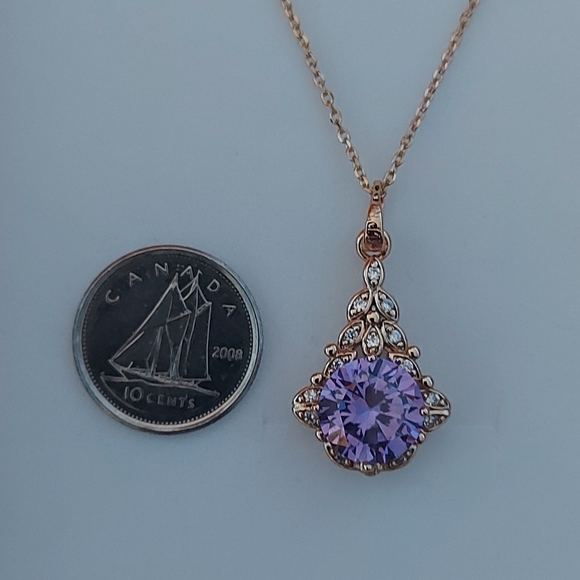 Amethyst Pendant Necklace Decorated With CZ, 23 in - Picture 2 of 7